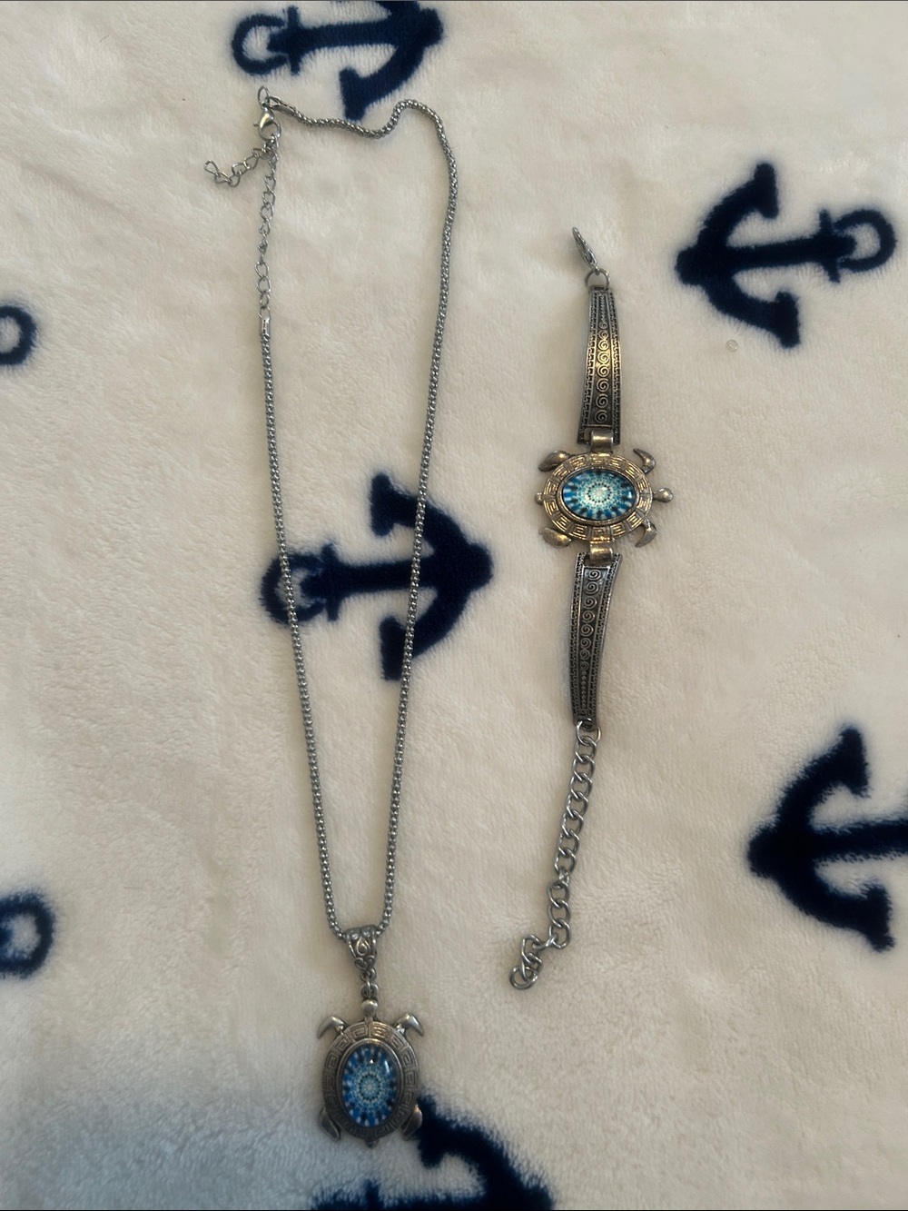Silver-Tone Turtle Pendant Necklace and Bracelet Set with Blue Accent